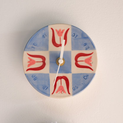 Pink Tulip Checkerboard Wall Clock